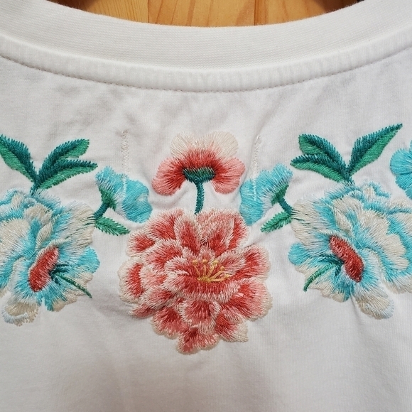 DRIFTWOOD WHITE CLASSIC TEE T-SHIRT GREEN CORAL FLORAL EMBROIDERY WOMEN LARGE - Picture 13 of 16